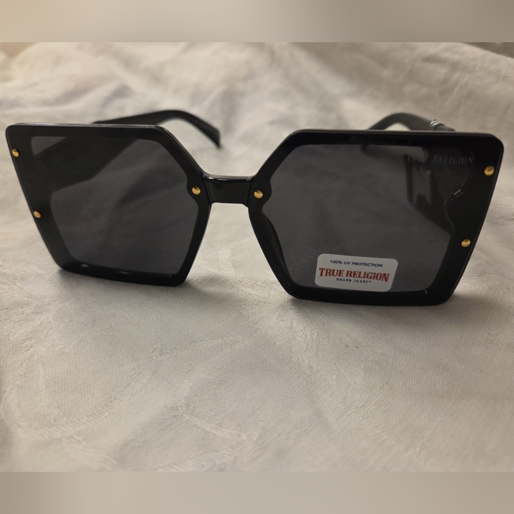 True Religion Shield NEW Black Sunglasses rimless Oversized Logo UV Protection